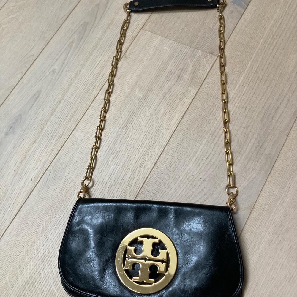 Tory Burch Black Leather Crossbody Bag with Gold Chain
